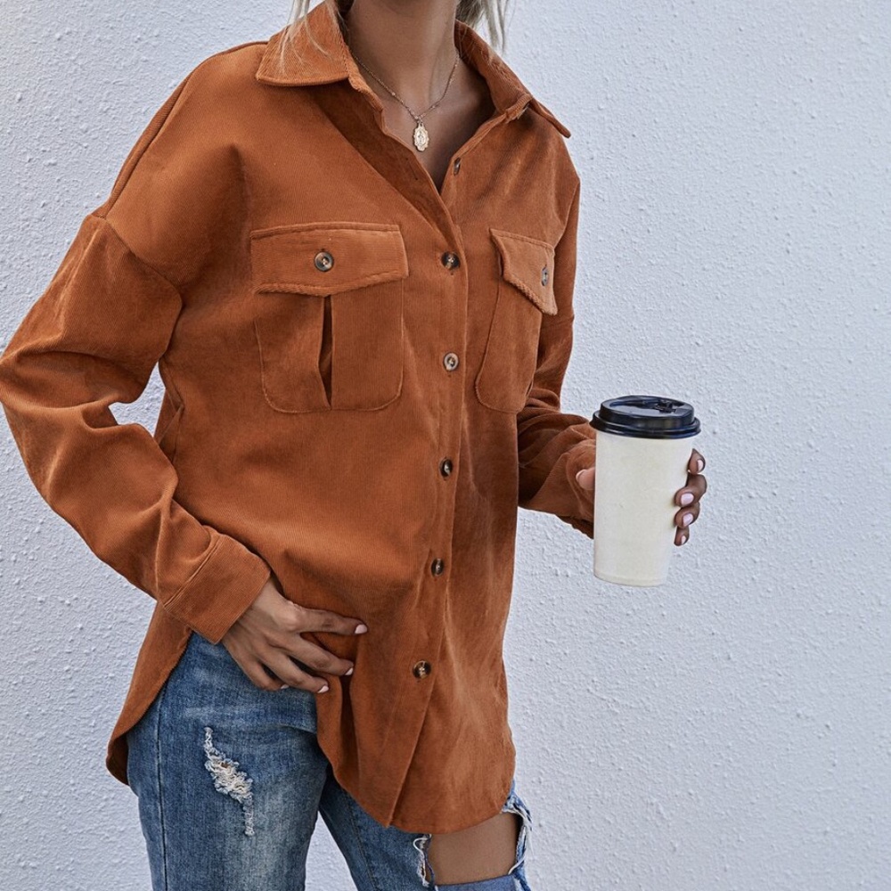 Boho Rust Button up Oversized Shacket Top - Picture 10 of 13